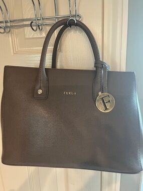 Furla Dark Brown Leather Satchel with Gold Charm